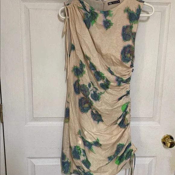 Zara Sleeveless Linen Blend Printed Ruched Mini Dress Size M - Picture 3 of 7